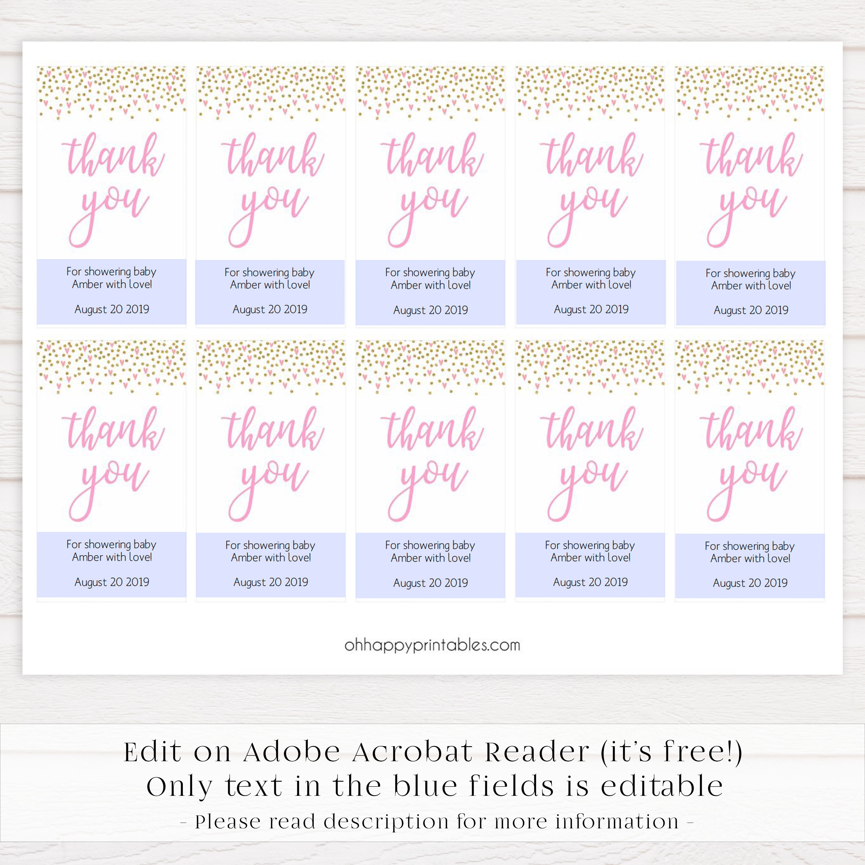 baby shower thank you tags, printable baby tags, pink hearts baby tags, editable baby tags, baby thank you tags