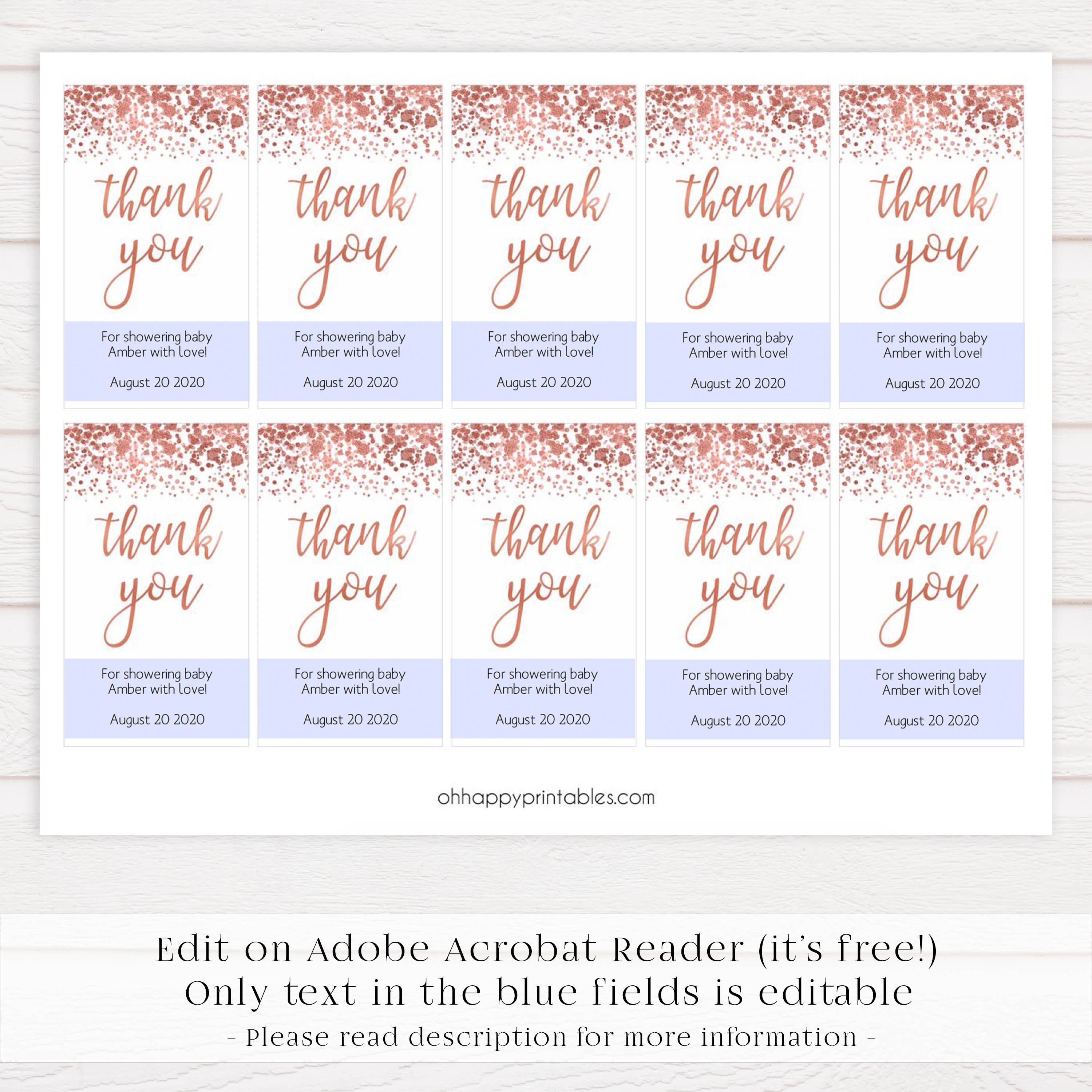baby thank you tags, rose gold baby tags, rose gold baby decor, baby thank you tags, printable baby tags