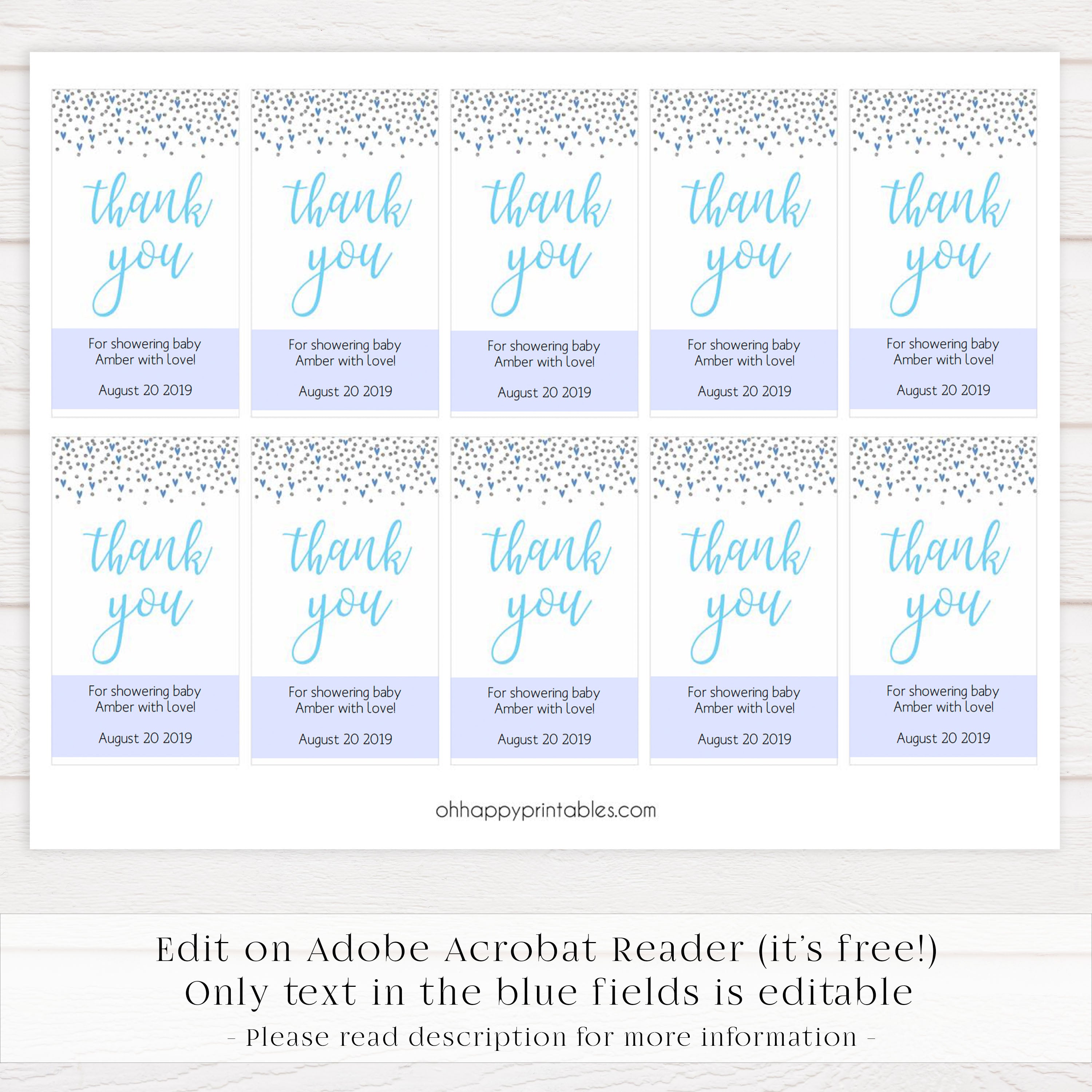 baby shower thank you tags, printable baby tags, blue hearts baby thank you tags, editable thank you tags