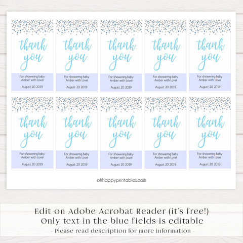 baby shower thank you tags, printable baby tags, blue hearts baby thank you tags, editable thank you tags