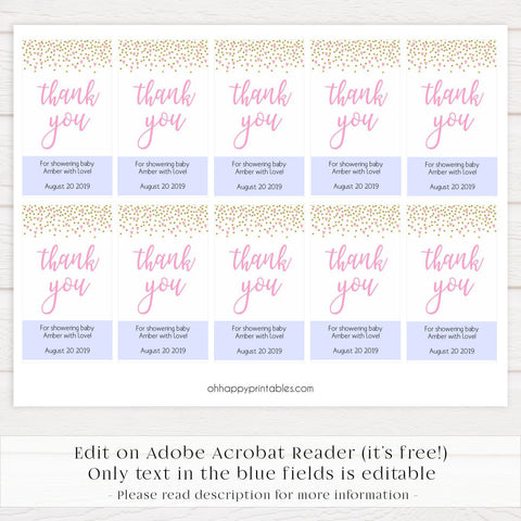 baby shower thank you tags, printable baby tags, pink hearts baby tags, editable baby tags, baby thank you tags