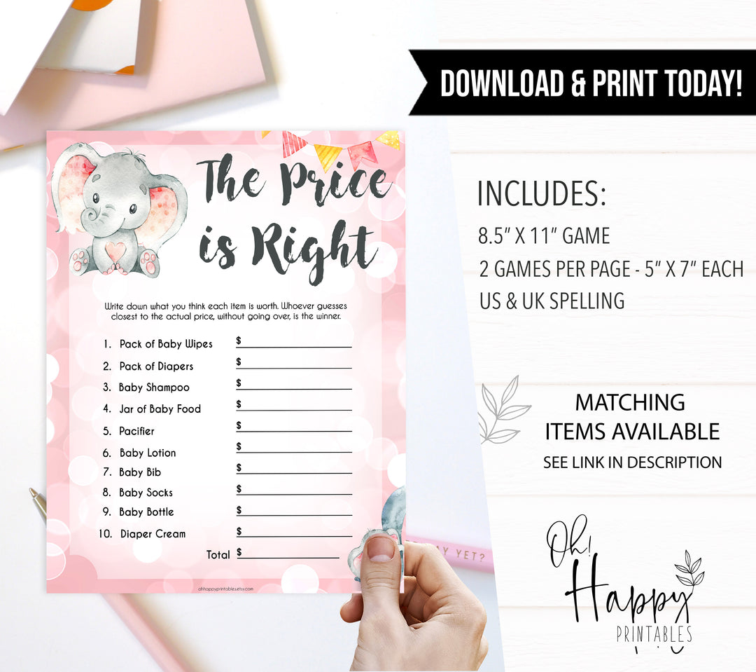 pink elephant baby games, the price is right baby shower games, printable baby shower games, baby shower games, fun baby games, popular baby games, pink baby games