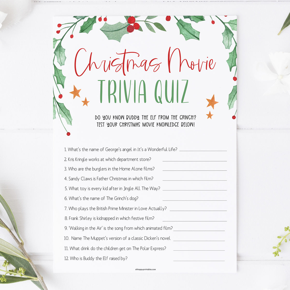 christmas movie trivia game, christmas party games, christms games, party games, printable christmas games, fun christmas games