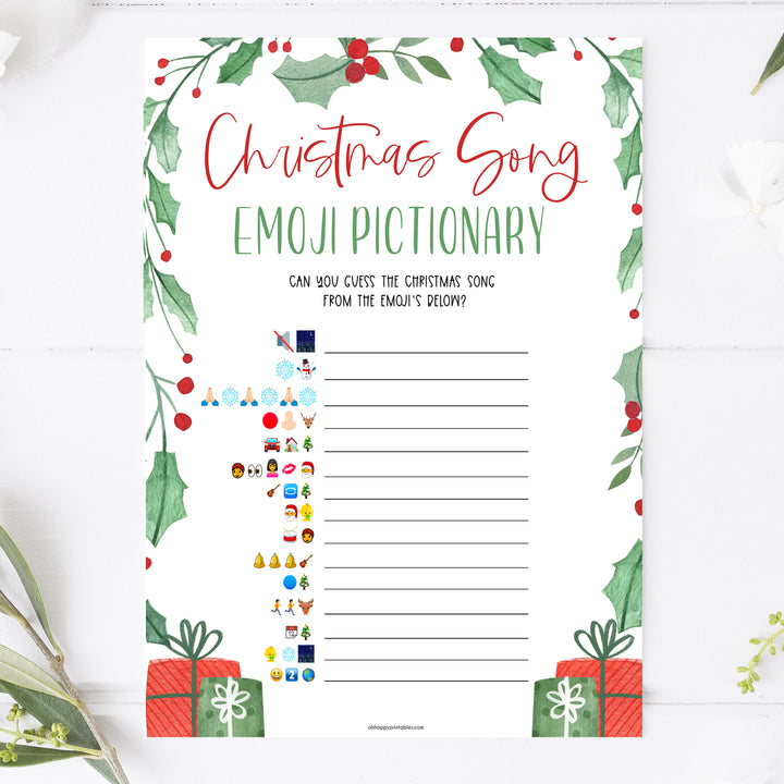 christmas songs emoji pictionary game, christmas party games, christms games, party games, printable christmas games, fun christmas games