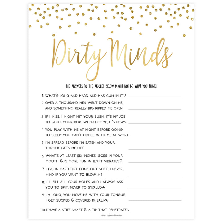 dirty minds bridal game, Printable bachelorette games, gold glitter bachelorette, friends hen party games, fun hen party games, bachelorette game ideas, gold glitter adult party games, naughty hen games, naughty bachelorette games