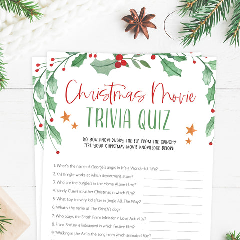 christmas movie trivia game, christmas party games, christms games, party games, printable christmas games, fun christmas games