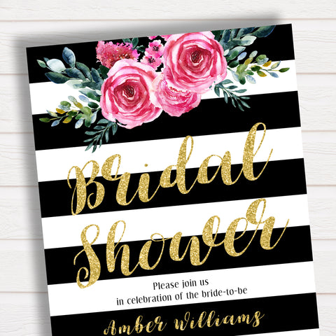 Black & White Striped Bridal Shower Invitation with Gold Glitter and Flowers