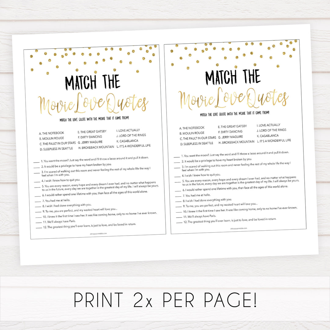match the movie love quotes, bridal movie love quotes games, Printable bridal shower games, gold glitter bridal shower, gold glitter bridal shower games, fun bridal shower games, bridal shower game ideas, gold glitter bridal shower