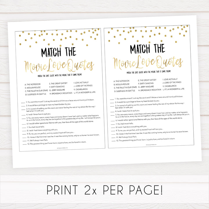 match the movie love quotes, bridal movie love quotes games, Printable bridal shower games, gold glitter bridal shower, gold glitter bridal shower games, fun bridal shower games, bridal shower game ideas, gold glitter bridal shower