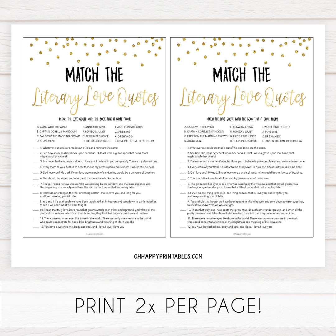 match the literary love quotes, love quotes game, Printable bridal shower games, gold glitter bridal shower, gold glitter bridal shower games, fun bridal shower games, bridal shower game ideas, gold glitter bridal shower