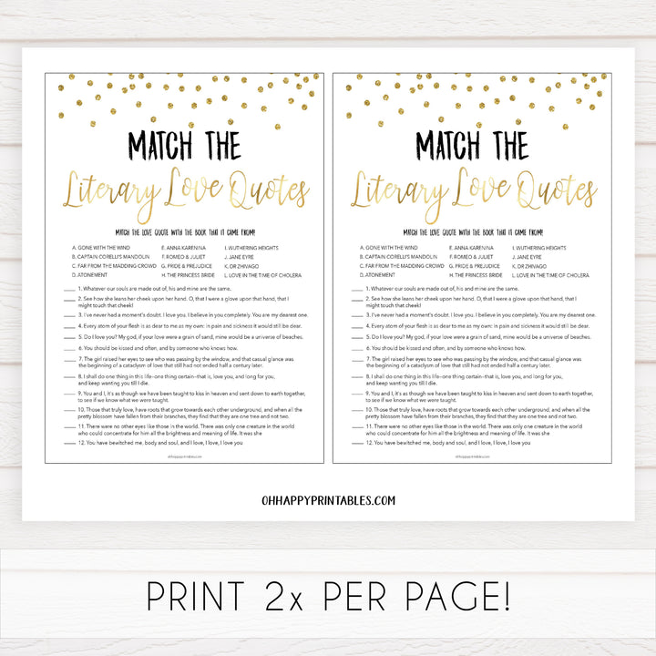 match the literary love quotes, love quotes game, Printable bridal shower games, gold glitter bridal shower, gold glitter bridal shower games, fun bridal shower games, bridal shower game ideas, gold glitter bridal shower