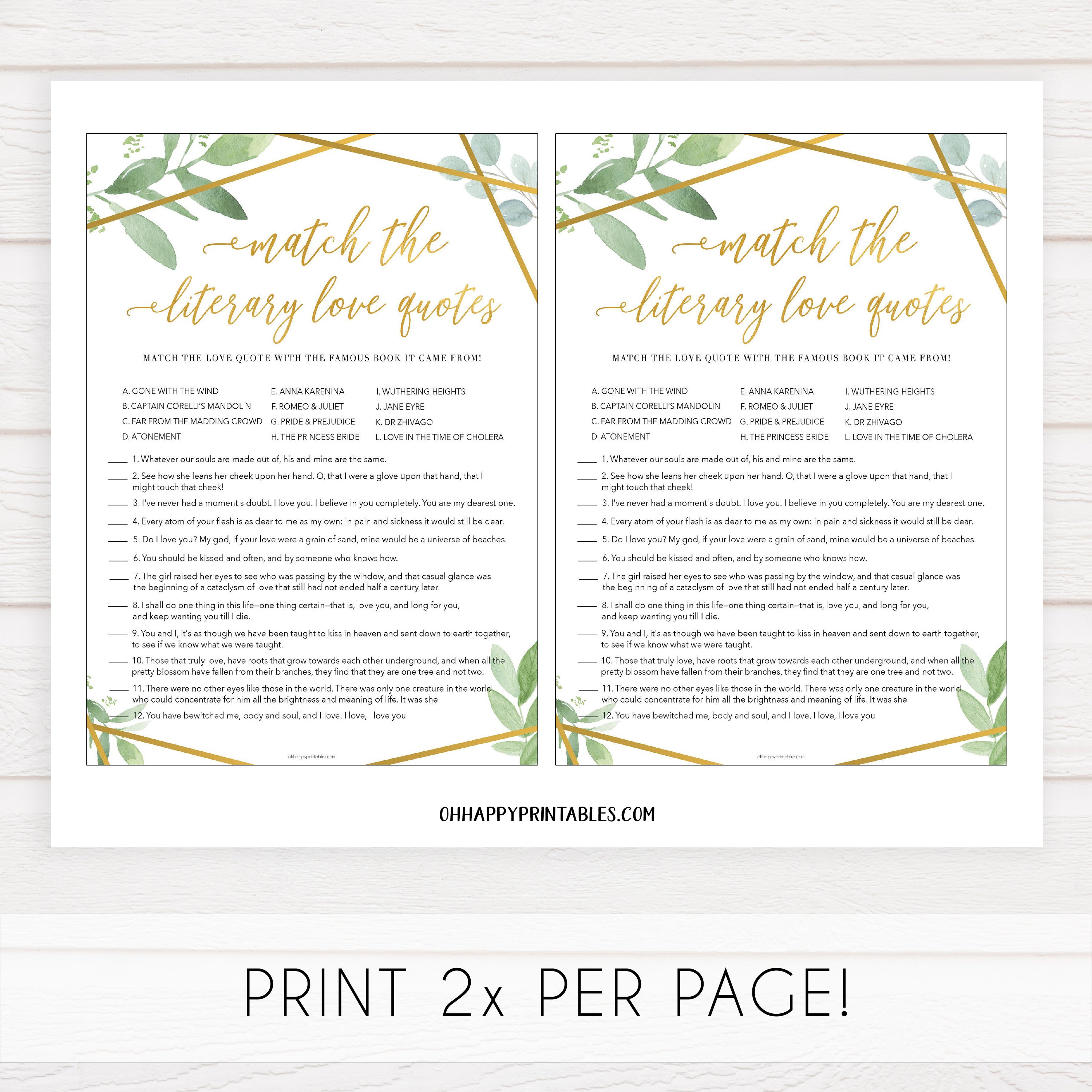 match the literary love quotes game, printable bridal shower games, floral bridal shower games, gold bridal shower games, fun bridal shower game ideas