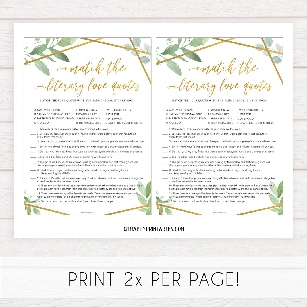 match the literary love quotes game, printable bridal shower games, floral bridal shower games, gold bridal shower games, fun bridal shower game ideas