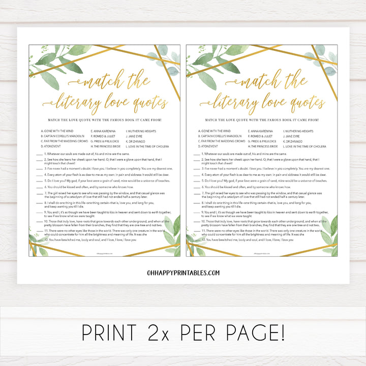 match the literary love quotes game, printable bridal shower games, floral bridal shower games, gold bridal shower games, fun bridal shower game ideas