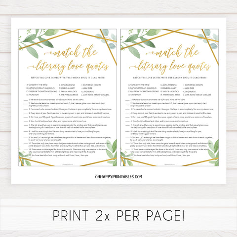 match the literary love quotes game, printable bridal shower games, floral bridal shower games, gold bridal shower games, fun bridal shower game ideas