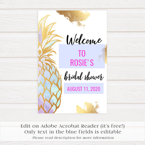 Editable Bridal Shower Welcome Sign - Gold Pineapple