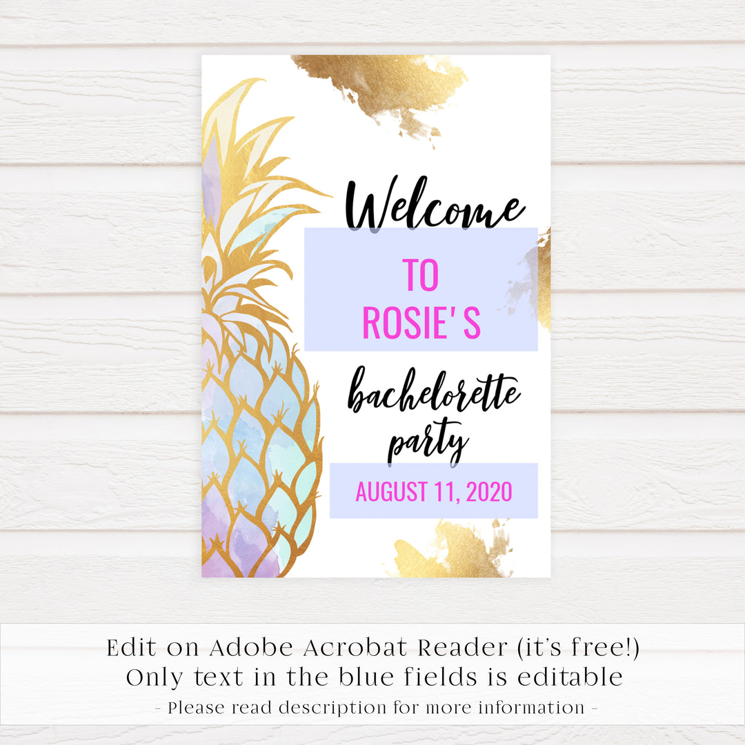 Editable Bachelorette Welcome Sign - Gold Pineapple