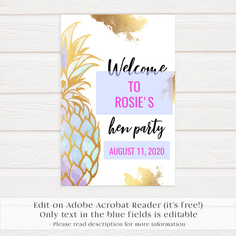 Editable Hen Party Welcome Sign - Gold Pineapple