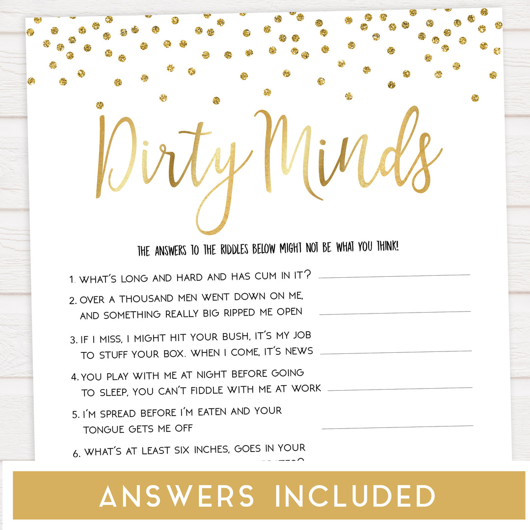 dirty minds bridal game, Printable bachelorette games, gold glitter bachelorette, friends hen party games, fun hen party games, bachelorette game ideas, gold glitter adult party games, naughty hen games, naughty bachelorette games