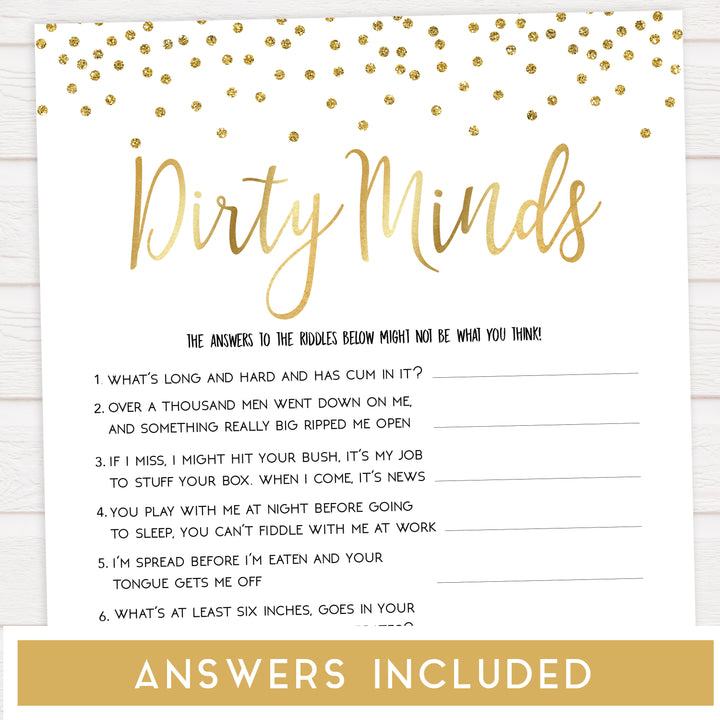 dirty minds bridal game, Printable bachelorette games, gold glitter bachelorette, friends hen party games, fun hen party games, bachelorette game ideas, gold glitter adult party games, naughty hen games, naughty bachelorette games