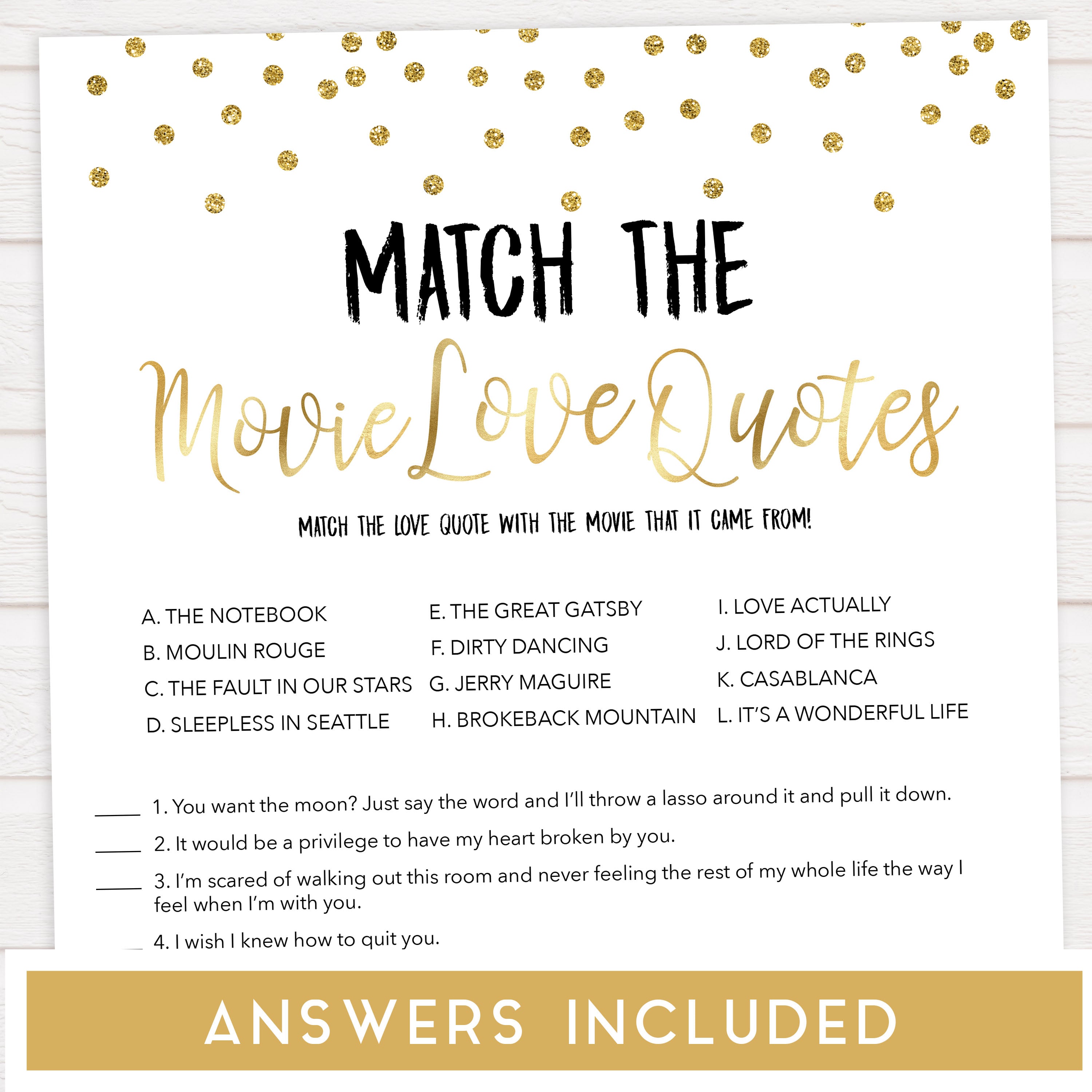 match the movie love quotes, bridal movie love quotes games, Printable bridal shower games, gold glitter bridal shower, gold glitter bridal shower games, fun bridal shower games, bridal shower game ideas, gold glitter bridal shower