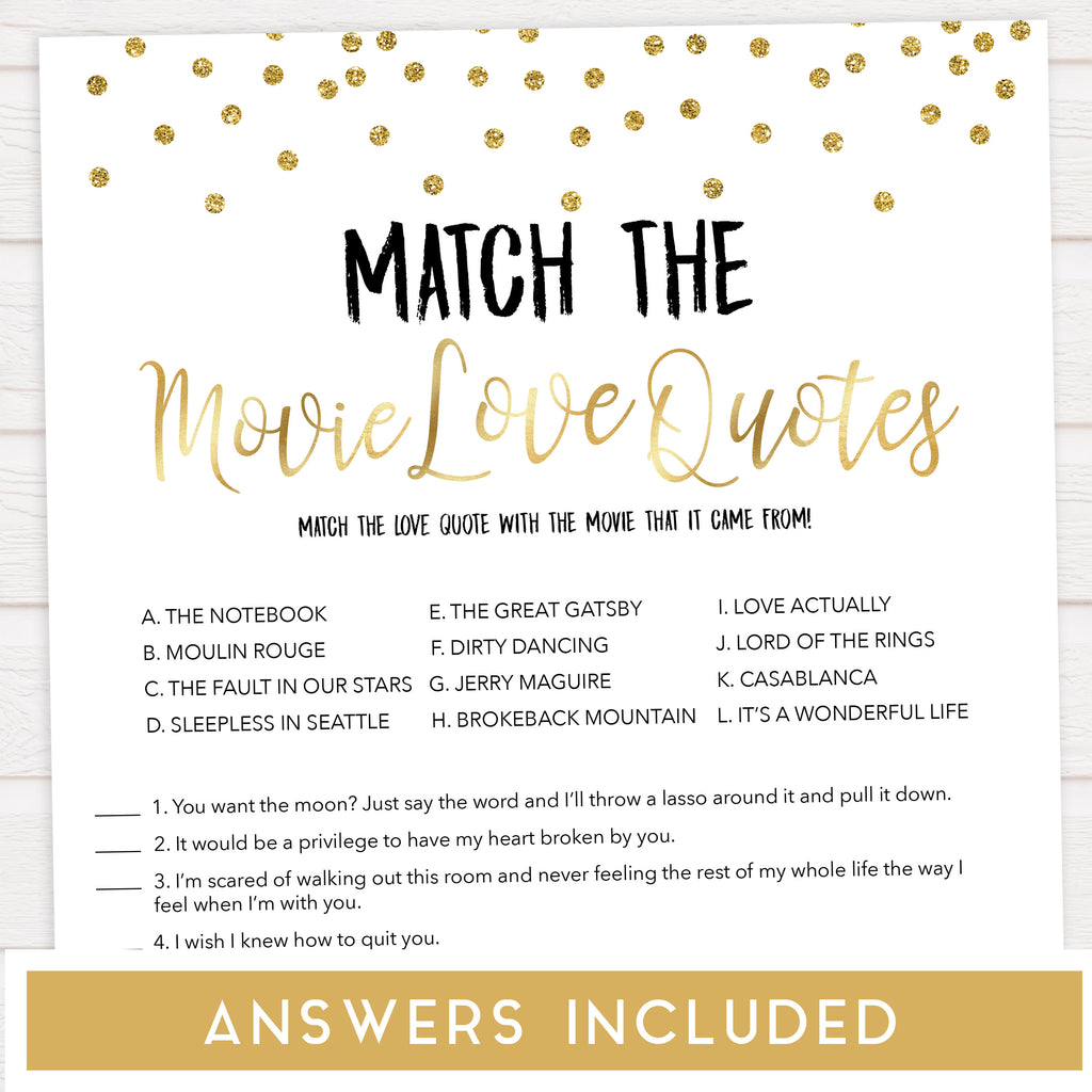 Movie Love Quotes Game - Printable Gold Foil Bridal Shower Games ...