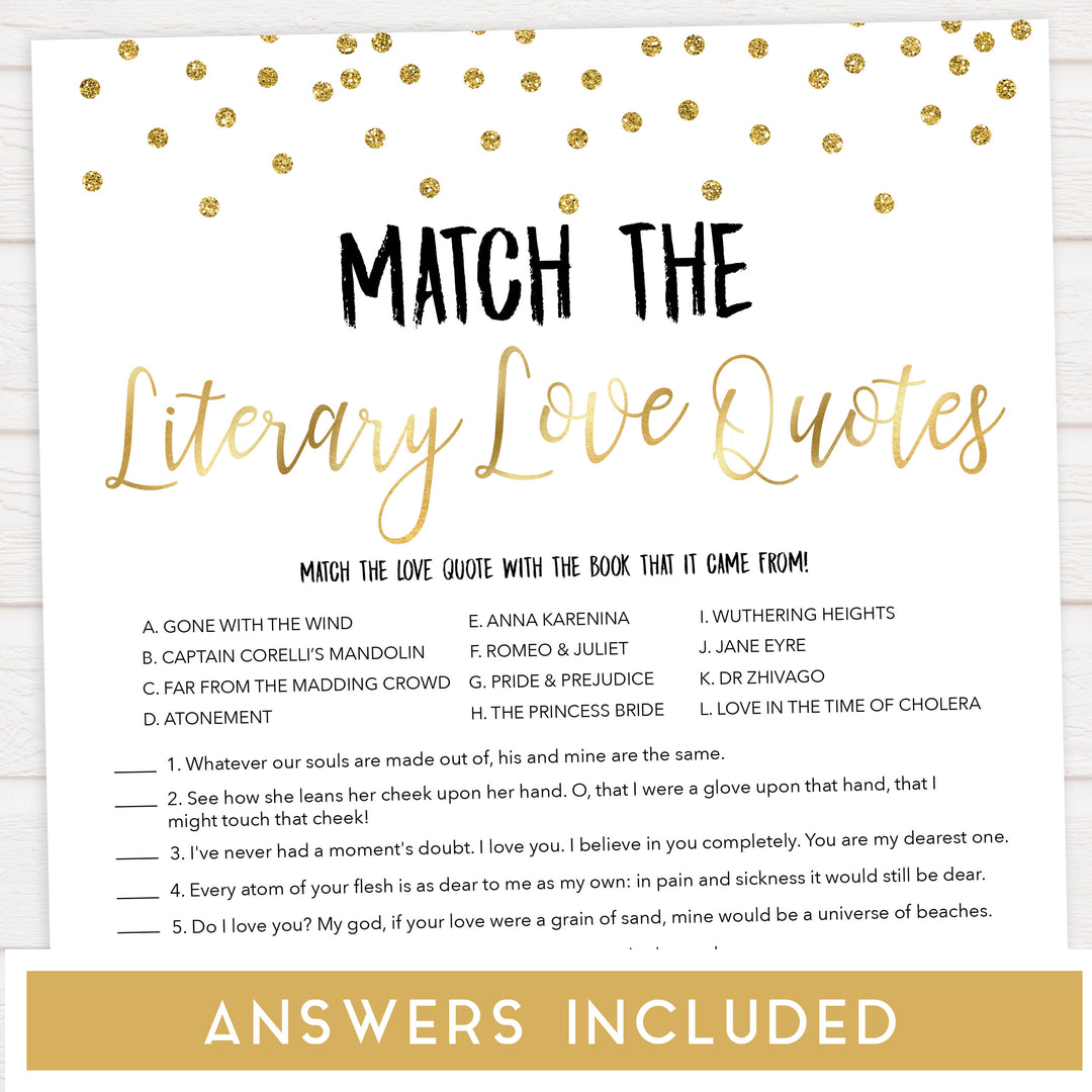 match the literary love quotes, love quotes game, Printable bridal shower games, gold glitter bridal shower, gold glitter bridal shower games, fun bridal shower games, bridal shower game ideas, gold glitter bridal shower