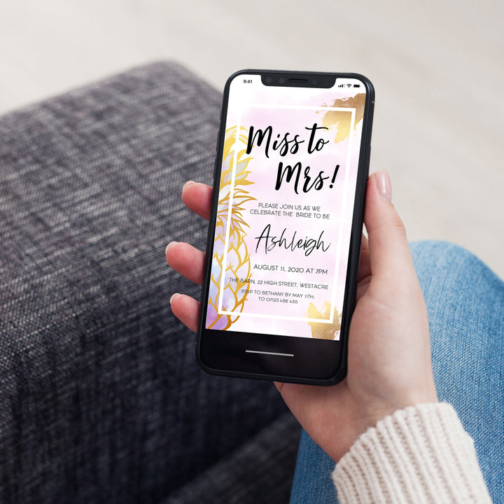 editable miss to mrs invitation, editable bridal shower invitation, miss to mrs invite, editable mobile invitation, pineapple miss to mrs invitation
