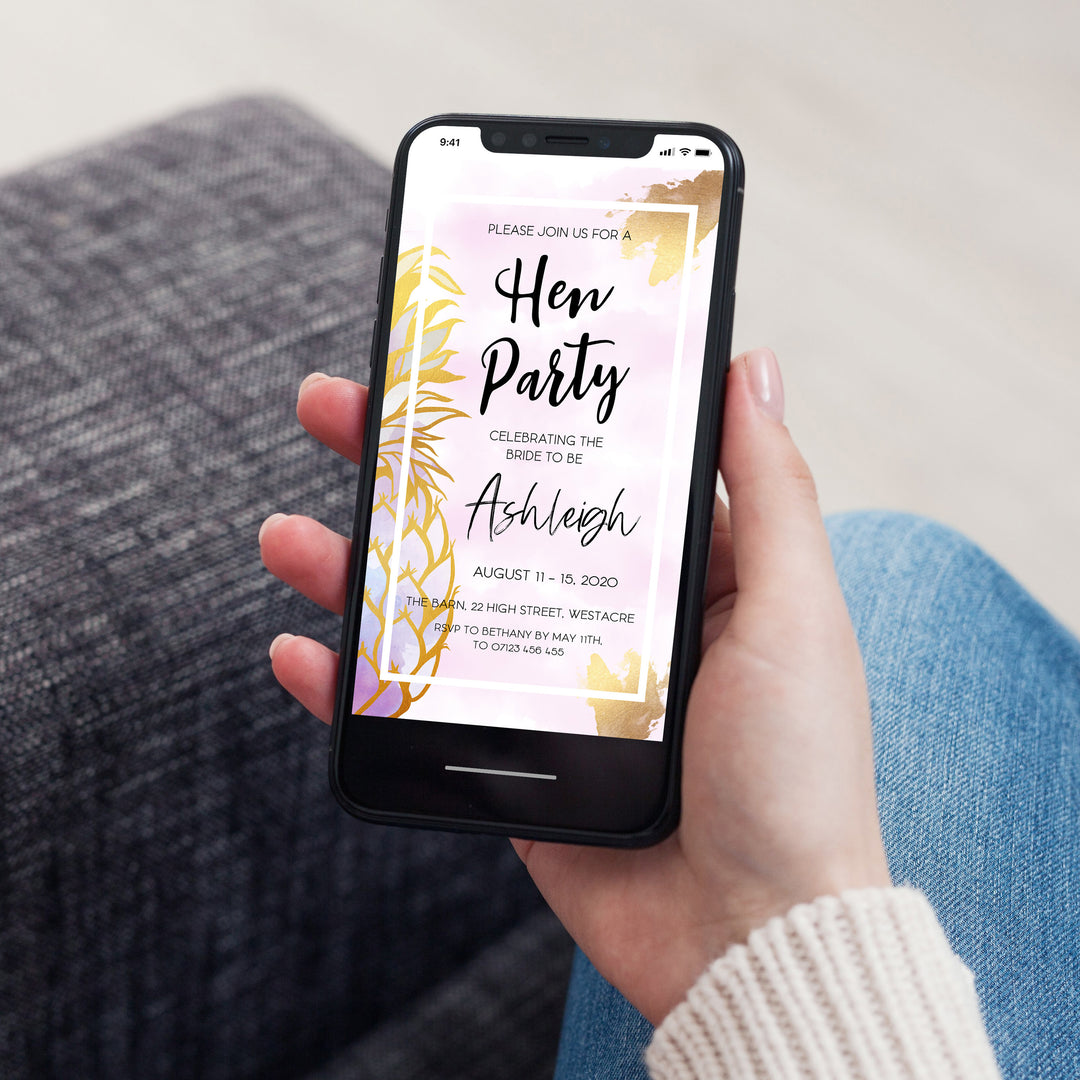 pineapple editable hen party invitation, editable hen party invite, editable mobile hen party invitation