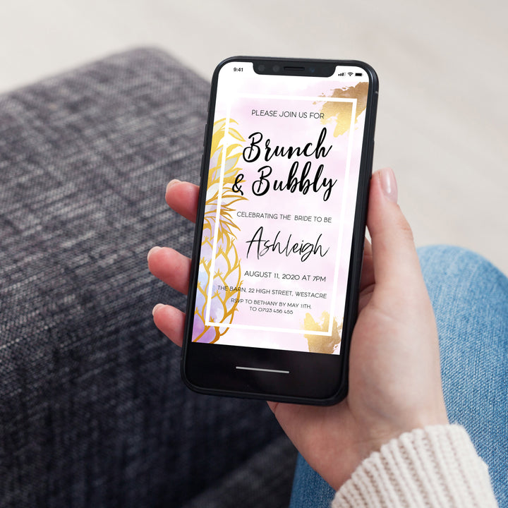 aloha brunch and bubbly bridal invitation, editable bridal shower invitations, editable mobile bridal invite, pineapple bridal shower invites