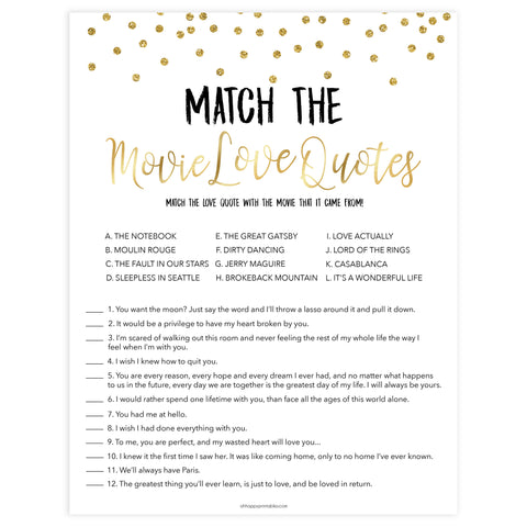 match the movie love quotes, bridal movie love quotes games, Printable bridal shower games, gold glitter bridal shower, gold glitter bridal shower games, fun bridal shower games, bridal shower game ideas, gold glitter bridal shower
