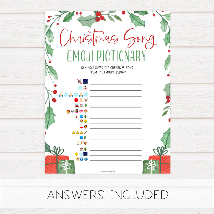 christmas songs emoji pictionary game, christmas party games, christms games, party games, printable christmas games, fun christmas games
