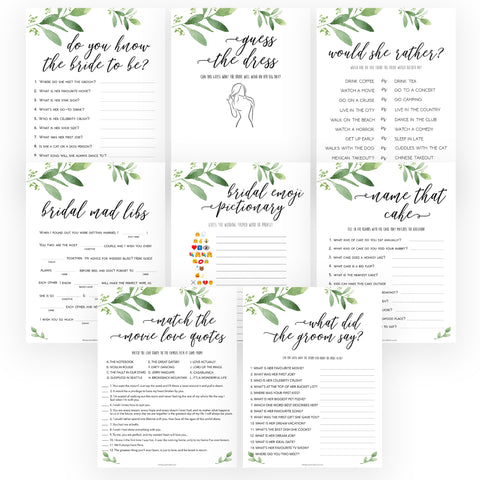 8 Bridal Shower Games Bundle - Greenery