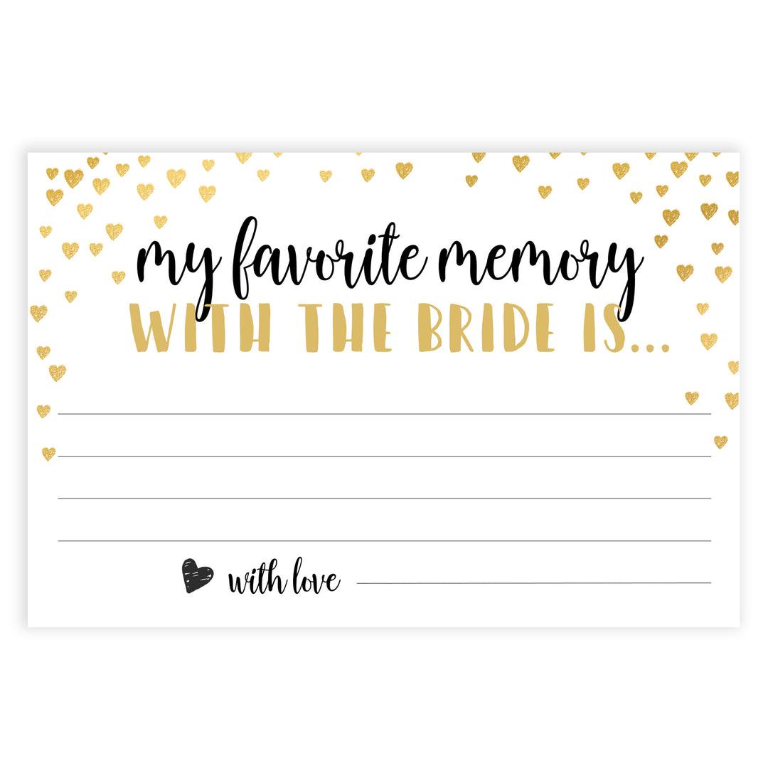 Gold hearts bridal shower games, favorite memory of the bride, printable bridal games, gold bridal games, gold hearts bridal games, fun bridal games, top bridal games, best bridal games