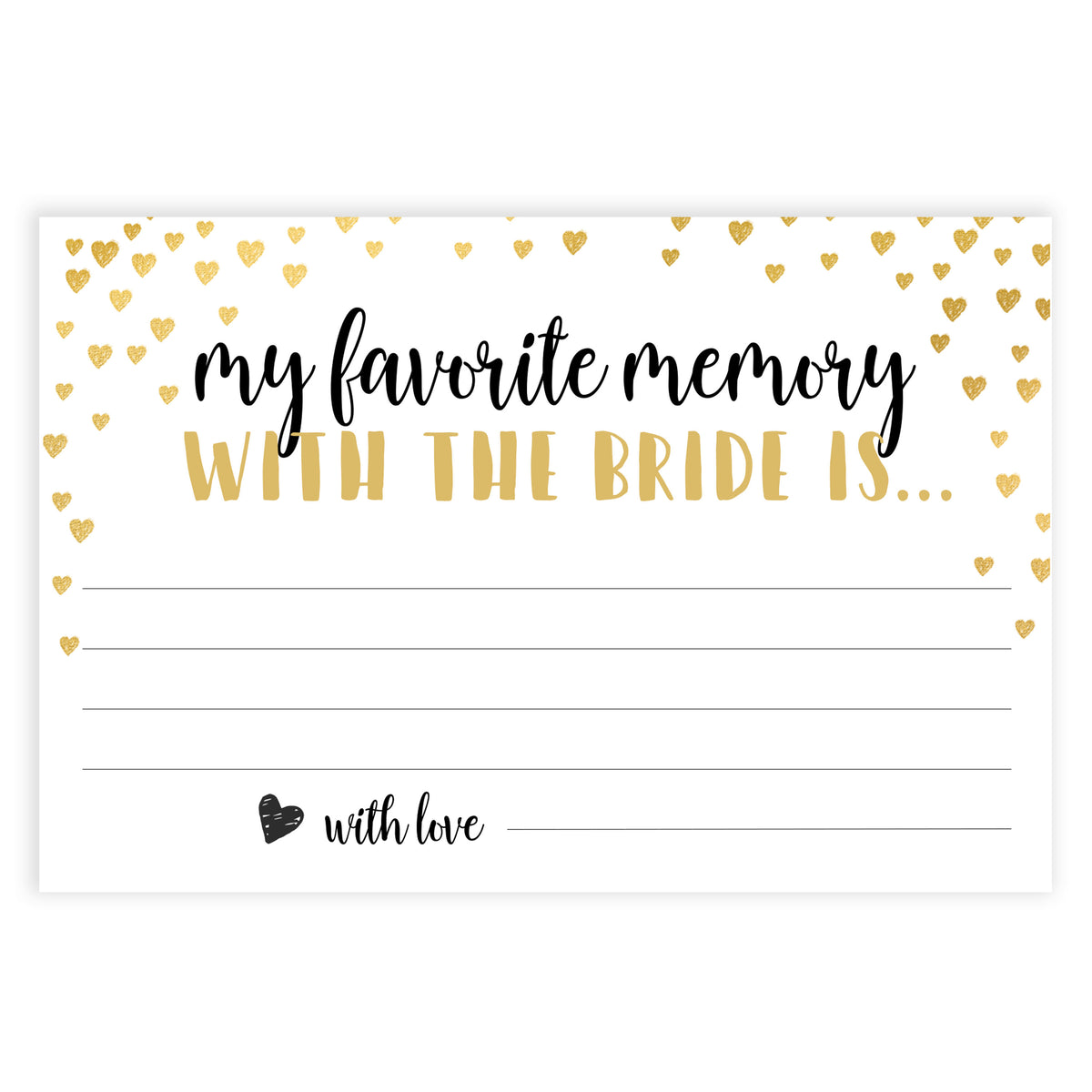 Gold hearts bridal shower games, favorite memory of the bride, printable bridal games, gold bridal games, gold hearts bridal games, fun bridal games, top bridal games, best bridal games