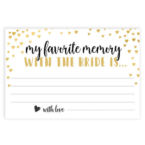 Gold hearts bridal shower games, favorite memory of the bride, printable bridal games, gold bridal games, gold hearts bridal games, fun bridal games, top bridal games, best bridal games
