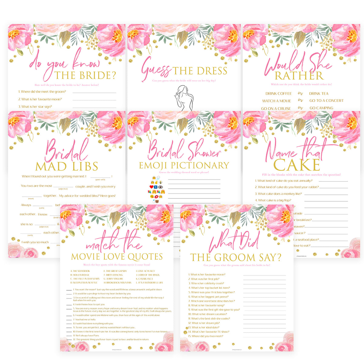 8 Bridal Shower Games Bundle - Blush & Gold