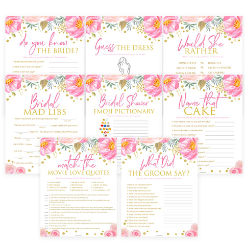 8 Bridal Shower Games Bundle - Blush & Gold