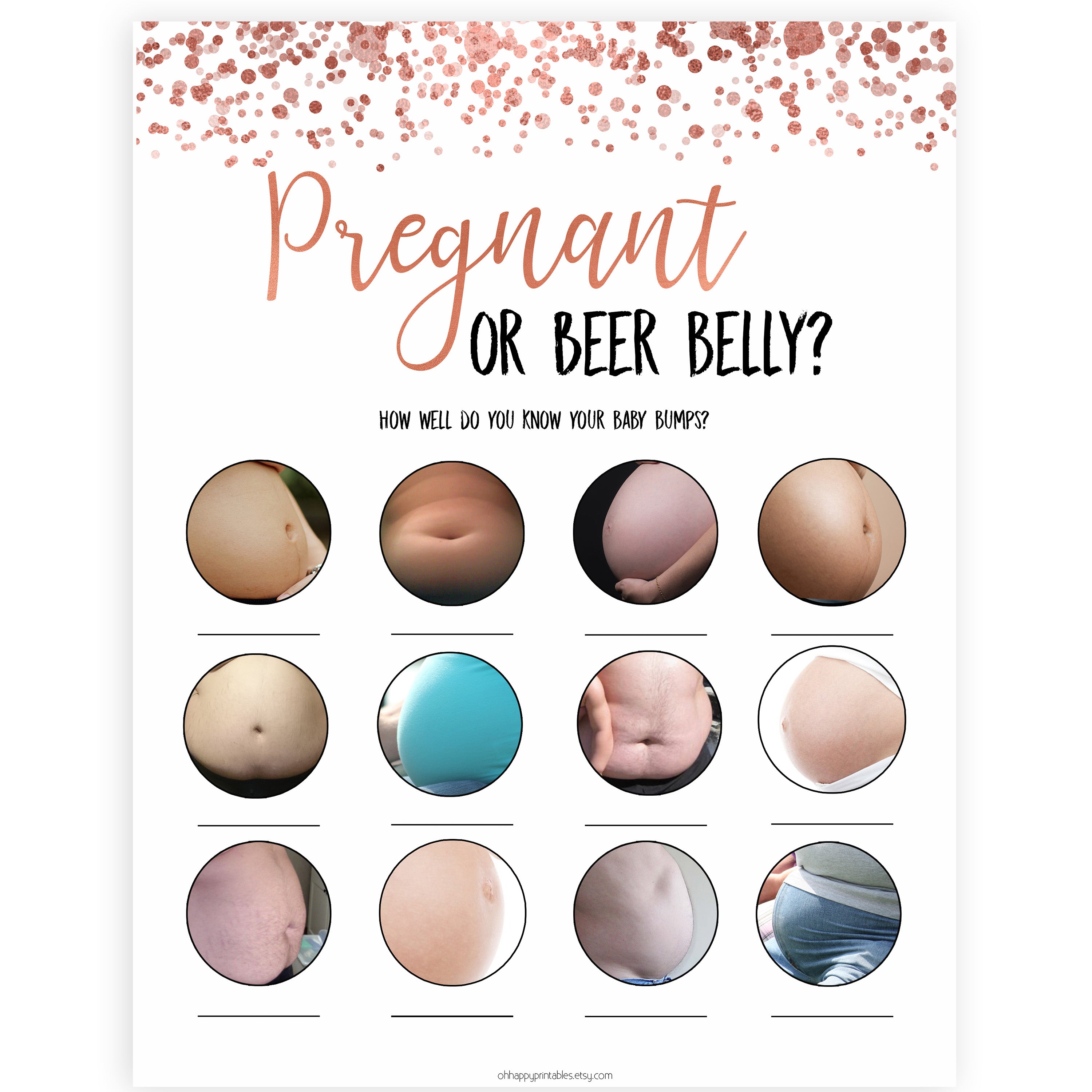 Pregnant or Beer Belly, Baby Shower Games, Baby Bump Beer Belly, Pregnant or Beer Belly Game, Beer Belly Pregnant, Rose Gold, Baby Games, printable baby shower games, fun baby shower games, popular baby shower games
