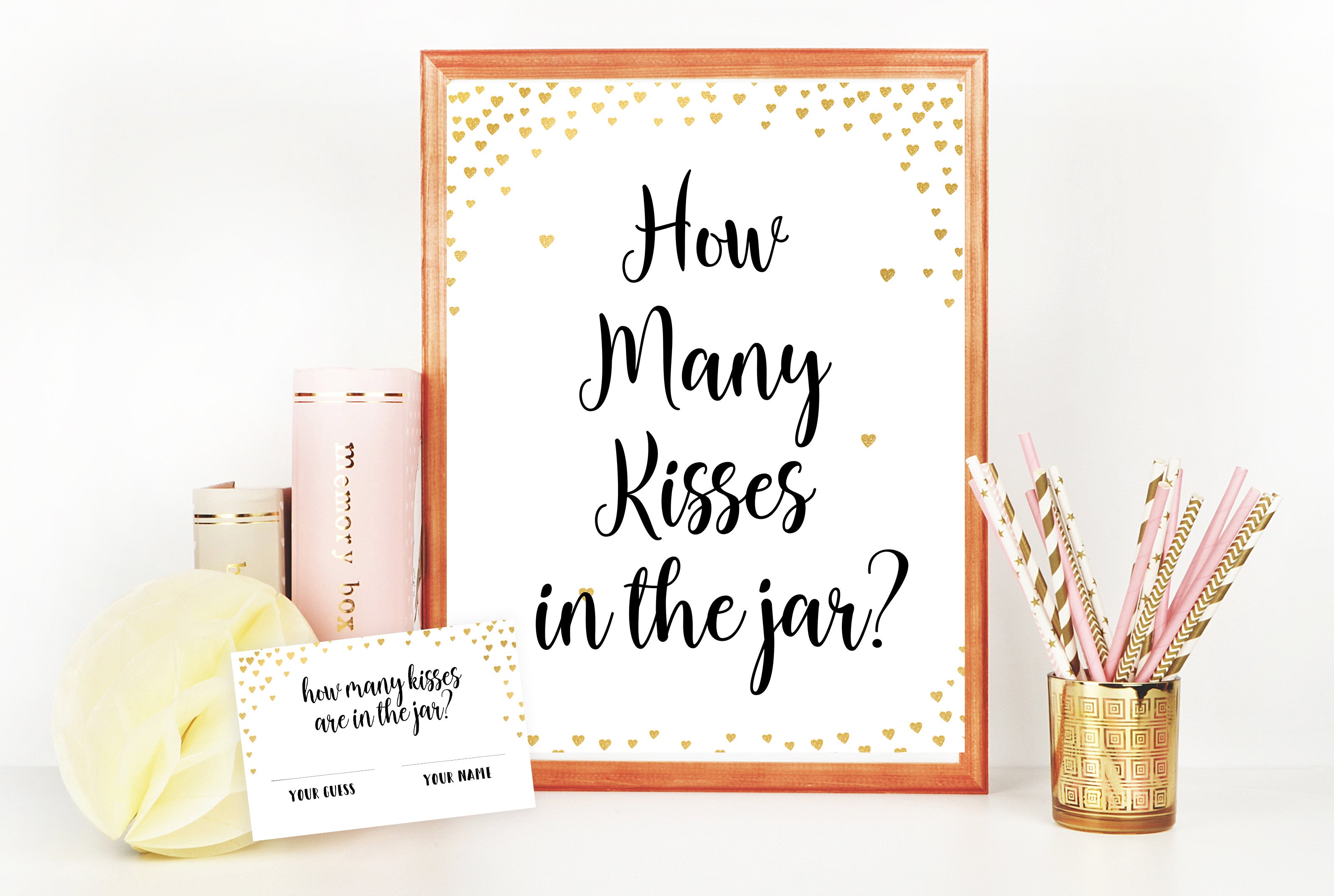 Gold hearts bridal shower games, how many kiss in a jar, printable bridal games, gold bridal games, gold hearts bridal games, fun bridal games, top bridal games, best bridal games