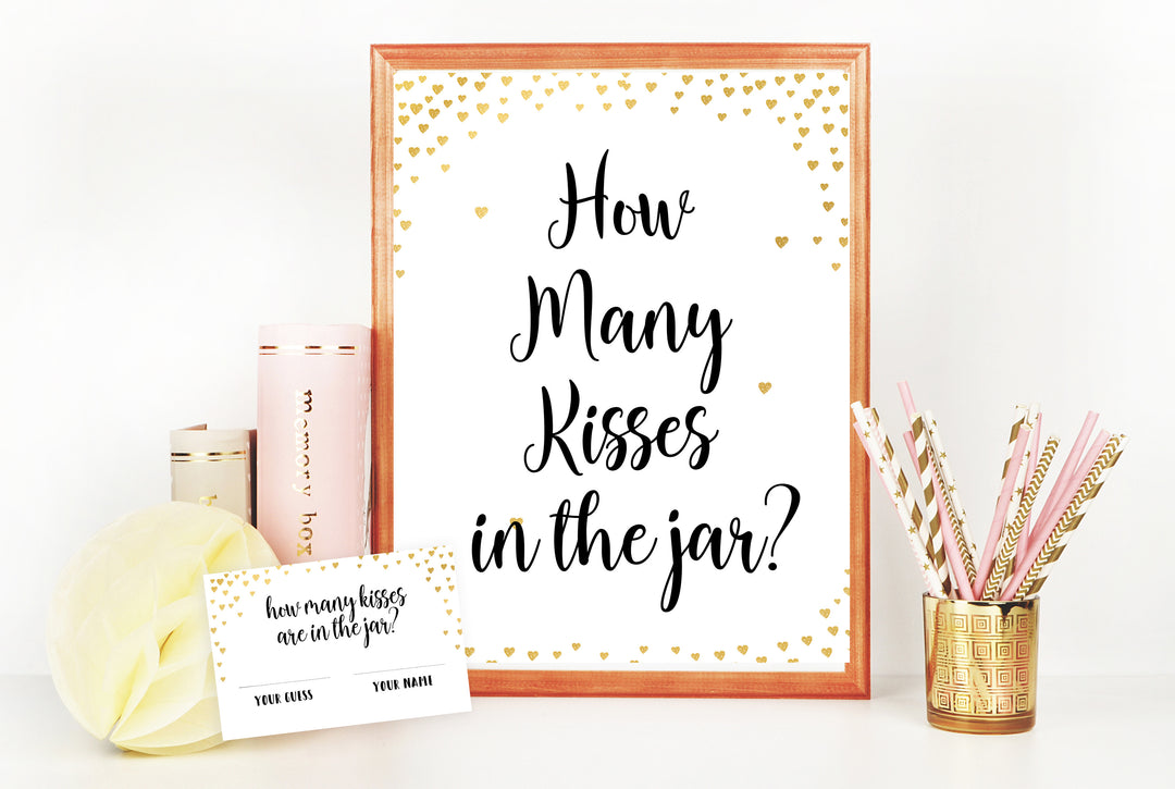Gold hearts bridal shower games, how many kiss in a jar, printable bridal games, gold bridal games, gold hearts bridal games, fun bridal games, top bridal games, best bridal games