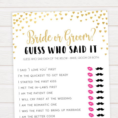 Gold hearts bridal shower games, he said she said, printable bridal games, gold bridal games, gold hearts bridal games, fun bridal games, top bridal games, best bridal games