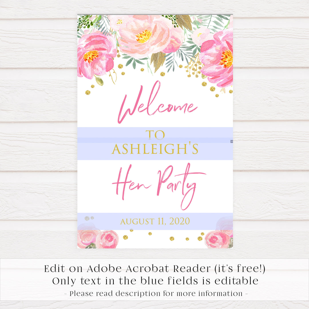 Hen party welcome sign, printable bridal shower games, blush floral bridal shower games, fun bridal shower games