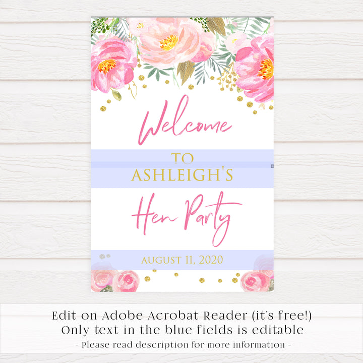 Hen party welcome sign, printable bridal shower games, blush floral bridal shower games, fun bridal shower games