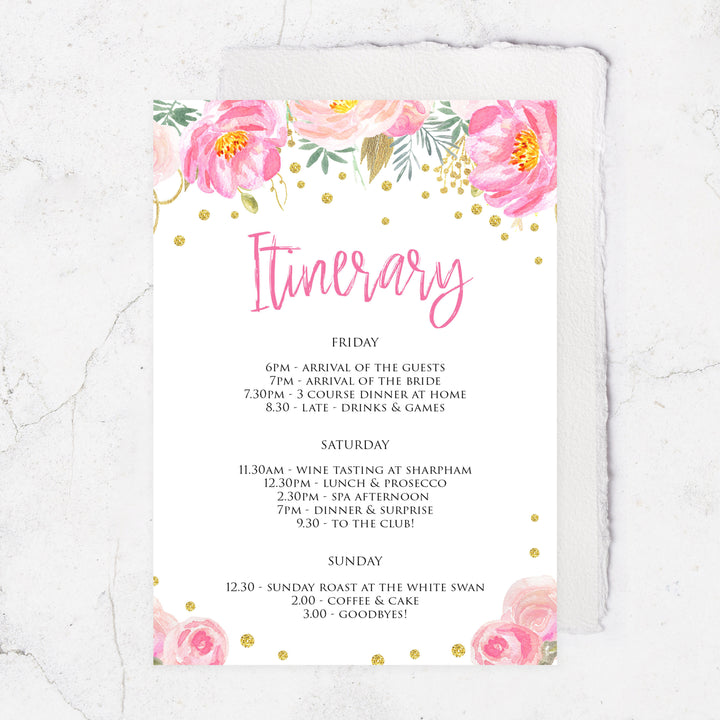 editable itinerary, blush itinerary, blush gold bachelorette invitation, editable bridal shower invitations, corjl invite, bachelorette party invite, floral bridal invite