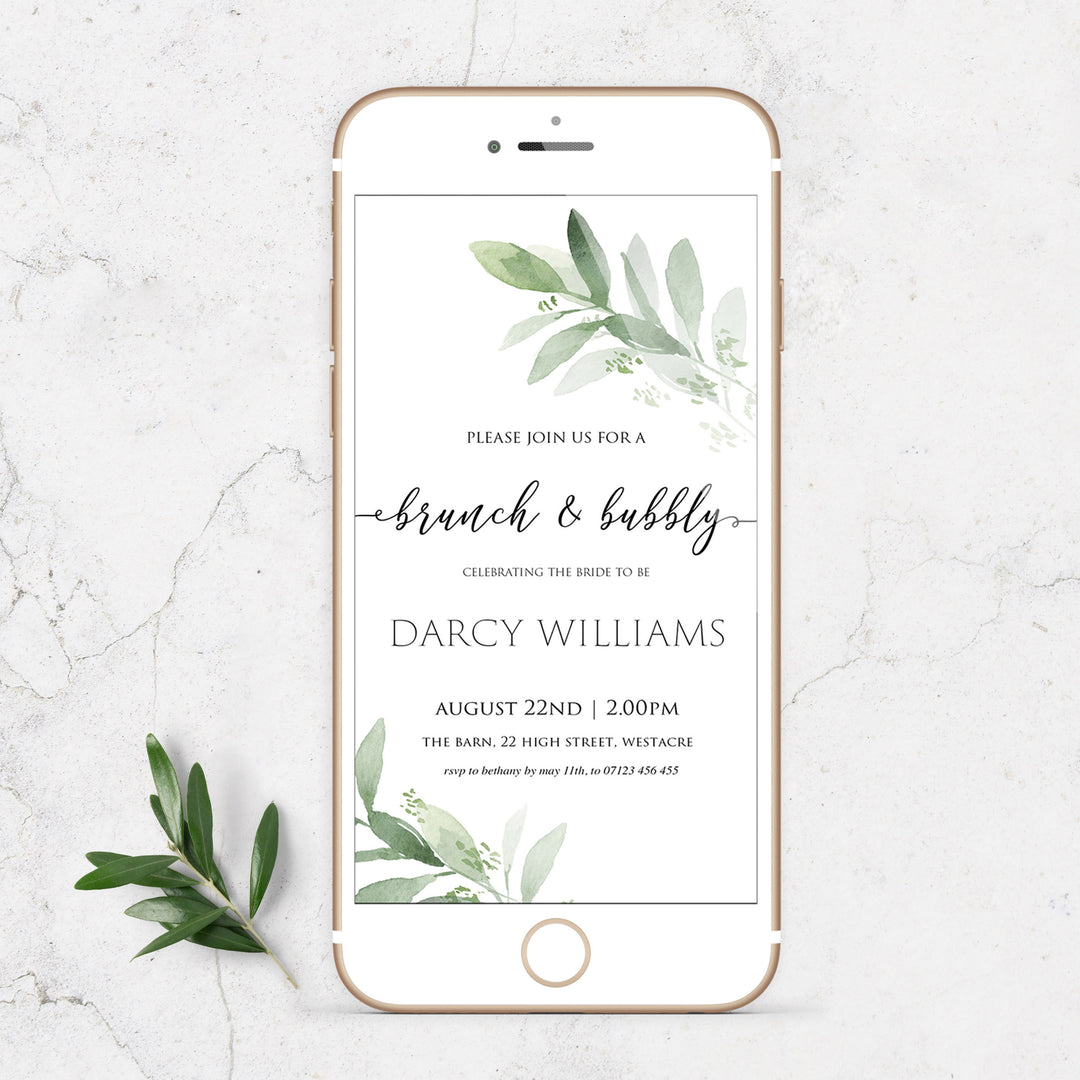 brunch and bubbly mobiel invite greenery bridal shower invite, mobile invites, editable bridal shower invite, corjl bridal invite, bachelorette party invite