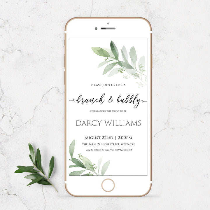 brunch and bubbly mobiel invite greenery bridal shower invite, mobile invites, editable bridal shower invite, corjl bridal invite, bachelorette party invite