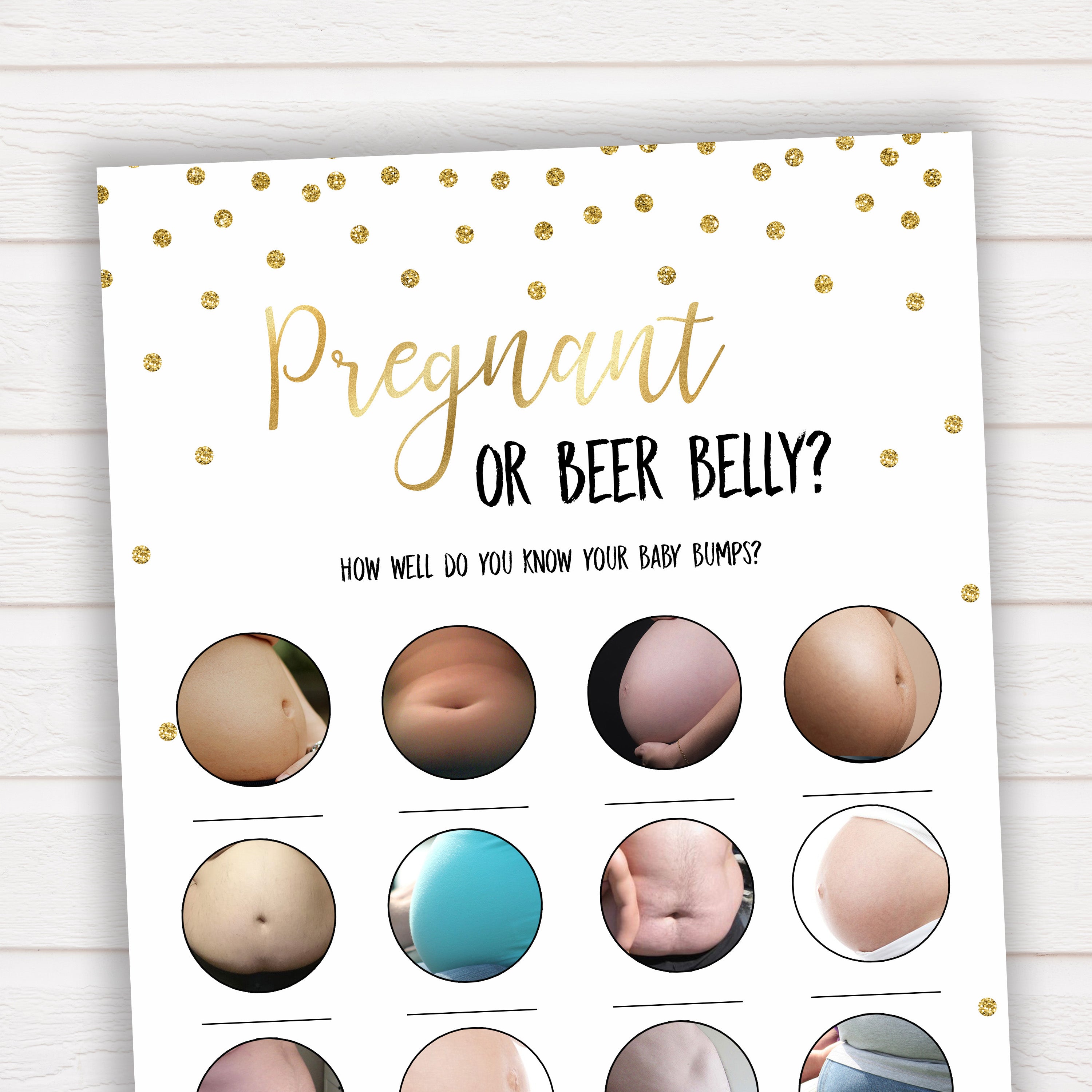 pregnant baby bump game in gold, fun baby shower games, popular baby games, baby bump game