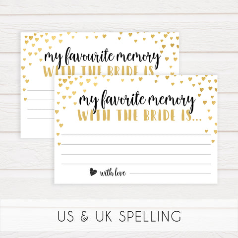 Gold hearts bridal shower games, favorite memory of the bride, printable bridal games, gold bridal games, gold hearts bridal games, fun bridal games, top bridal games, best bridal games