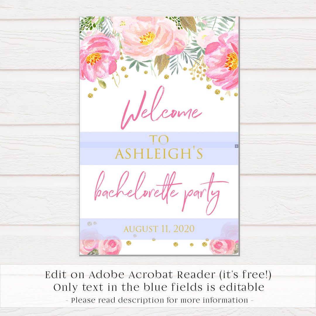 bachelorette welcome sign, blush gold bachelorette invitation, editable bridal shower invitations, corjl invite, bachelorette party invite, floral bridal invite